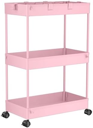 3 Tier Rolling Cart with Wheels, Storage Craft Art Trolley Organizer Serving, 3 Hanging Baskets Easy Assembly, for Office, Living Room, Kitchen, Pink - Image 7