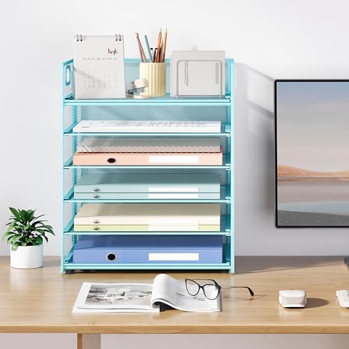 6-Tier Desk Paper Organizer, Desktop File Letter Tray with Handle, Document Sorter and Accessories Holder for Office, Home and School Workspace Organizers, Blue-2 Pack - Image 7