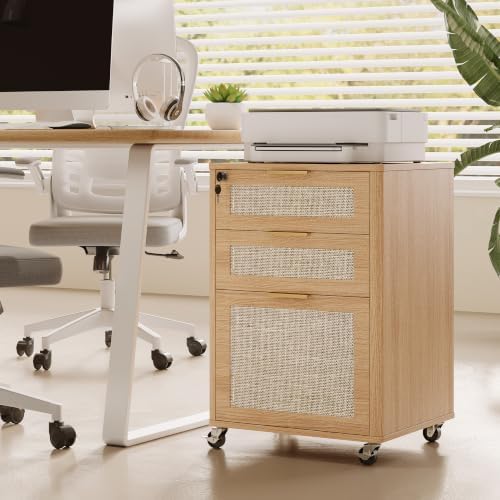 3 Drawers Rattan Mobile File Cabinet with Lock, Rolling File Cabinet Printer Stand Table, Under Desk Wooden Filing Cabinets for Home Office Essentials Storage Organization Furniture Letters/A4 - Image 7