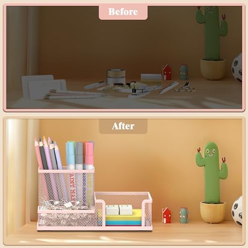 Mesh Pen Holder Desk Organizer, Office Supplies Pencil Storage with 3 Compartments, Office Desk Accessories and Workspace Organizers for Home School Classroom, Pink - Image 7