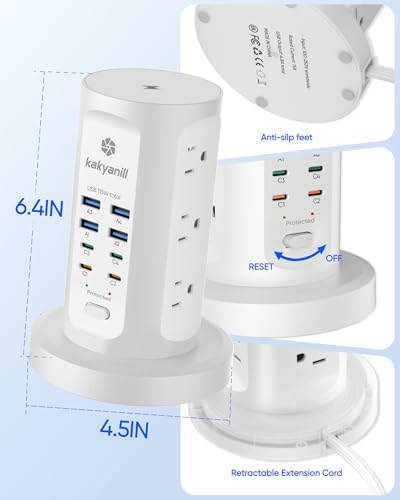 Power Strip Tower, kakyanill PD 65W Charging Station 9 AC Outlets 8 USB - Image 6