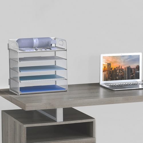 Letter Tray Paper Organizer 5-Tier Desk Organizer File Organizer Paper Holder with Handle, Metal Desktop Document Shelf Tray Office Classroom Organization - Silver - Image 6