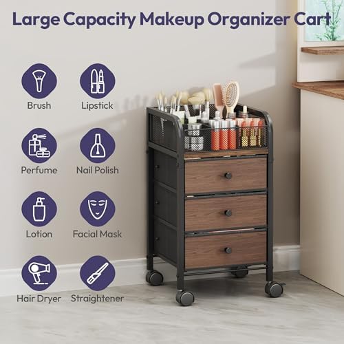 Rolling Makeup Organizer Cart - Under Desk Vanity Makeup Storage with 3 Non-woven Drawers, Nail Cart Organizer Cosmetic Display Cases Cabinet for Skin Care Perfume Nail Polish Brush Hair Tool - Image 6