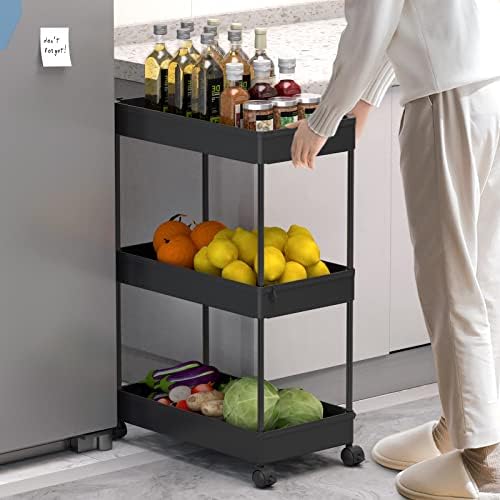 3 Tier Rolling Cart with Wheels, Storage Craft Art Trolley Organizer Serving, 3 Hanging Baskets Easy Assembly, for Office, Bathroom,Living Room, Kitchen, Black - Image 6