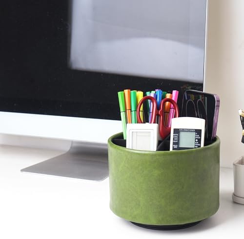 Round Leather Art Supply Organizer,Remote Control Holder,360 Degree Spinning,Multi-Functional Pencil Holder,4 Compartments Desktop Stationary Organizer(1-Oil Bamboo) - Image 7