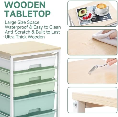 Rolling Cart with Drawers,5 Drawers Storage Cart,Light Green - Image 6