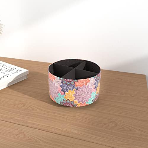 Round Leather Art Supply Organizer,Remote Control Holder,360 Degree Rotating,Multi-Functional Pencil Holder,4 Compartments Desktop Stationary Organizer(1-Colorful Flower) - Image 6
