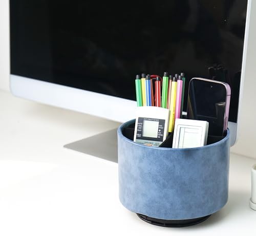 Round Leather Art Supply Organizer,Remote Control Holder,360 Degree Spinning,Multi-Functional Pencil Holder,4 Compartments Desktop Stationary Organizer(1-Oil Blue) - Image 7