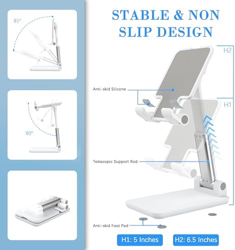Cell Phone Stand, Adjustable Angle and Height Cell Phone Holder for Desk, Foldable and Portable, Anti-Slip Silicone Pad, Compatible with All Mobile Phones and 4-8 Inch Devices (White&White) - Image 7