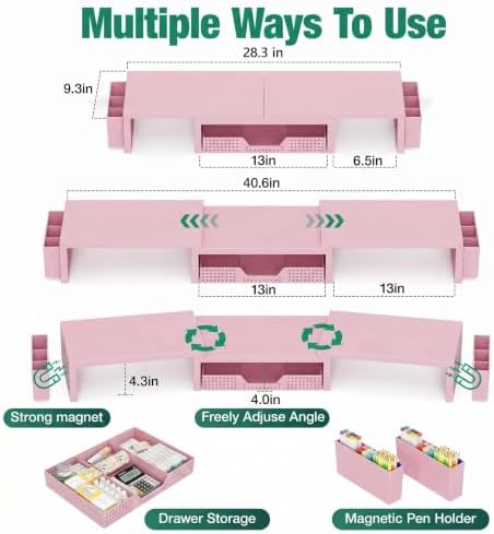 Desk Organizer and Accessories, Computer Monitor Stand Riser with Drawer and 2 Pen Holders, Laptop Stand, Office Desk Accessories for Office Supplies, Pink - Image 7