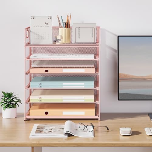 6-Tier Desk Paper Organizer, Desktop File Letter Tray with Handle, Document Sorter and Accessories Holder for Office, Home and School Workspace Organizers, Pink-2 Pack - Image 7