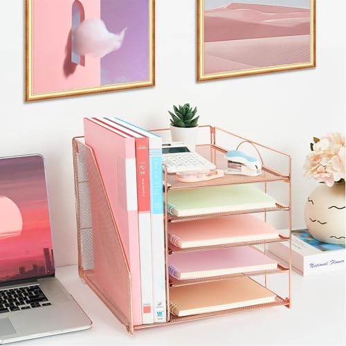 Desk Organizers and Accessories, 5-Tier Paper Letter Tray Organizer with File Holder, Desktop Organizer for Office Supplies (Rose Gold) - Image 6