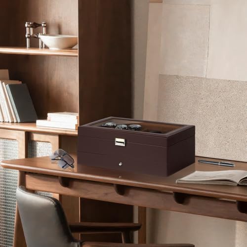 Mens Jewelry Box Organizer, 6 Watch Slots & 3 Sunglasses -Brown - Image 6