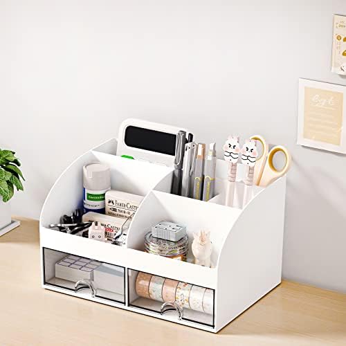 COMFYROOM Desk Organizer with 6 Compartments and 2 Drawers, Plastic Makeup Organizer, Pen Holder for Desktop Storage, Desk Organization for School, Home, Office Supplies (White) - Image 6