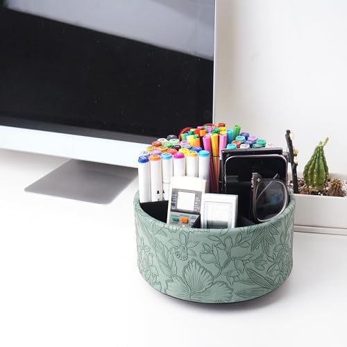 Remote Control Holder, 360°Spinning PU Leather Desk TV Remote Caddy,Desk Storage Box Room Accessories for Controller, Media,Mail,Calculator, Mobile Phone,Pencil(1-Carved Green2) - Image 7
