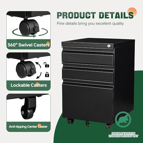 3 Drawer Mobile File Cabinet with Lock,Under Desk Metal Filing Cabinets for Home Office Organizer Letters/Legal/A4((Fully Assembled-Black) - Image 6