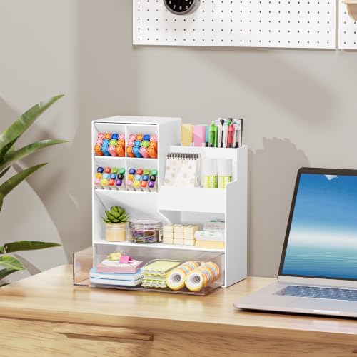 Marbrasse Plastic Pen Holder for Desk, Multi-Functional Desk Organizer Pencil Holder with Drawer, Desk Organizers and Accessories for Office Art Supplies(White) - Image 7