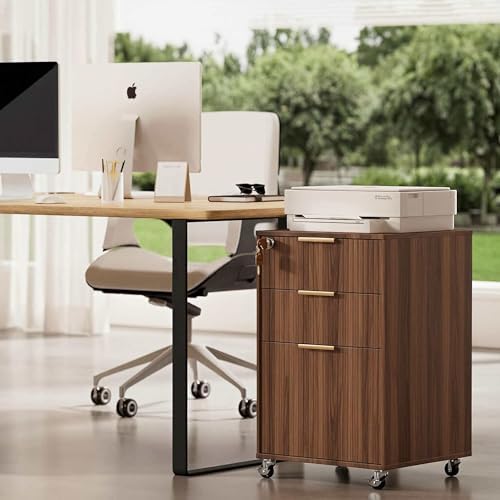 3 Drawers Fluted Mobile File Cabinet with Lock, Rolling File Cabinet Printer Stand Table, Under Desk Wooden Filing Cabinets for Home Office Essentials Storage Organization Furniture Letters/A4(Walnut) - Image 7