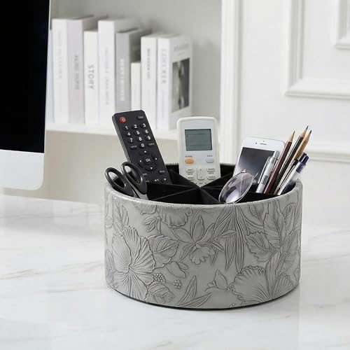 Remote Control Holder, 360°Spinning PU Leather Desk TV Remote Caddy,Desk Storage Box Room Accessories for Controller, Media,Mail,Calculator, Mobile Phone,Pencil(1-Carved Grey) - Image 7