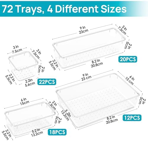 Vtopmart 72 PCS Clear Plastic Drawer Organizers Set, 4-Size Versatile Bathroom and Vanity Organizer Trays, Non-Slip Storage Containers for Makeup, Jewelries, Bedroom,Kitchen Utensils and Office - Image 6