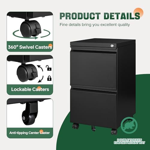 Mobile File Cabinet with Lock,2 Drawer Under Desk Metal Rolling Filing Cabinets for Home Office Organizer Letters/Legal/A4(Fully Assembled-Black) - Image 6