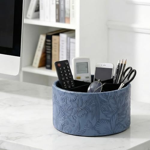 Remote Control Holder, 360°Spinning PU Leather Desk TV Remote Caddy,Desk Storage Box Room Accessories for Controller, Media,Mail,Calculator, Mobile Phone,Pencil(1-Carved Blue2) - Image 7