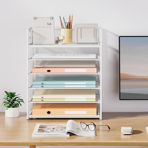 6 Tier Paper Organizer for Desk with Handle, Metal Mesh Desk Office File Folder Paper Letter Tray Accessories Organizer Sorter for Home, School, Office Desktop Document Organization - White - Image 7