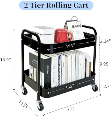 2 Tier Short Rolling Cart with Wheels for Under Desk Storage & Panrty Floor Organizer, Large Capacity Metal Kitchen Utility Cart, Sturdy Makeup Organizer for Small Space with 4 Hooks, Black - Image 6