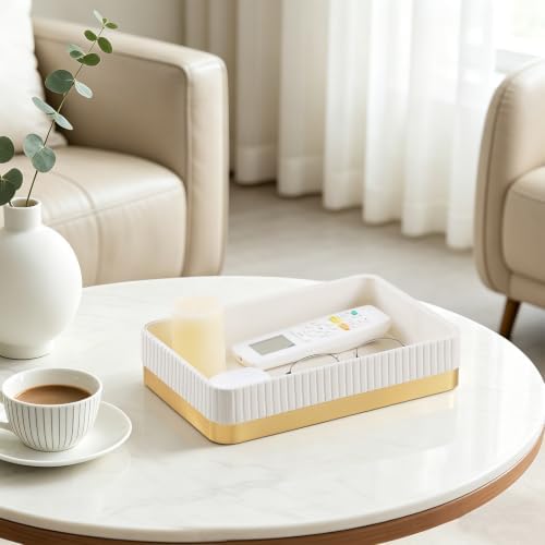 Valet Tray Organizer Bedside Nightstand Organizer Desk Catchall Tray (Ivory-Gold Trim) - Image 6