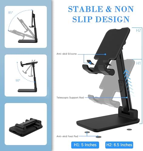 Cell Phone Stand, Adjustable Angle and Height Cell Phone Holder for Desk, Foldable and Portable, Anti-Slip Silicone Pad, Compatible with All Mobile Phones and 4-8 Inch Devices, Black - Image 7