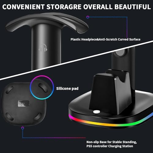 PS5 Controller Charging Dock with RGB Headphone Stand | 2-in-1 Dual USB Fast Charging Station for PS5 Controllers | RGB LED Gaming Headset Stand & Multi-Functional Gaming Accessories - Image 7