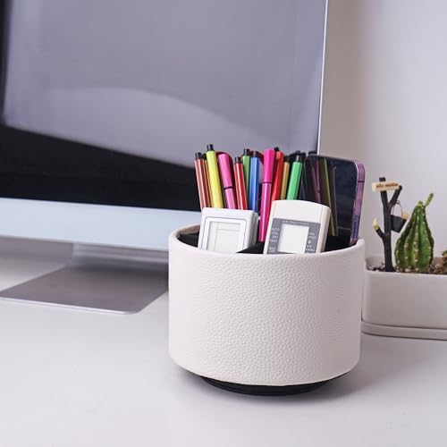 Round Leather Art Supply Organizer,Remote Control Holder,360 Degree Spinning,Multi-Functional Pencil Holder,4 Compartments Desktop Stationary Organizer(1-Lichee White) - Image 7