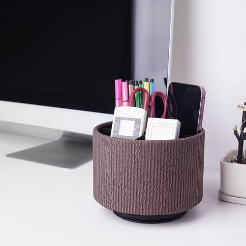 Round Leather Art Supply Organizer,Remote Control Holder,360 Degree Spinning,Multi-Functional Pencil Holder,4 Compartments Desktop Stationary Organizer(1-Wood Soil) - Image 7