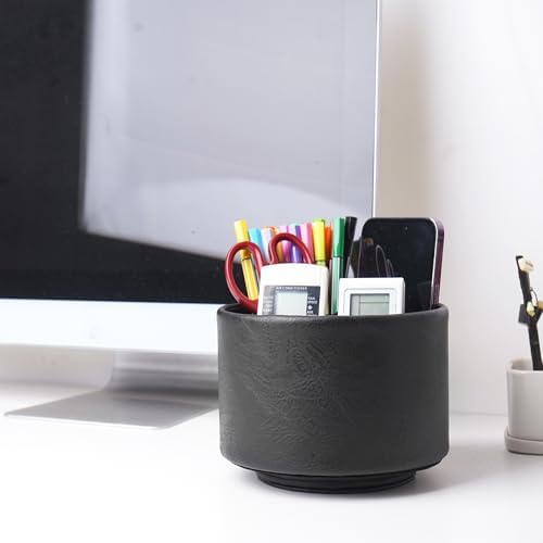 Round Leather Art Supply Organizer,Remote Control Holder,360 Degree Spinning,Multi-Functional Pencil Holder,4 Compartments Desktop Stationary Organizer(1-Crazy Black) - Image 7