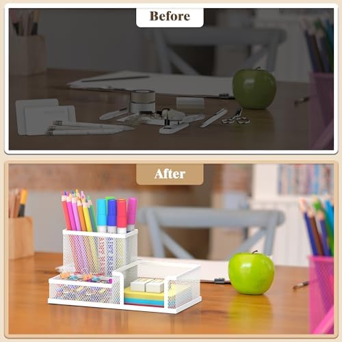 Pen Holder Desk Organizer, Office Supplies Pencil Holder with 3 Compartments, Desk Accessories and Workspace Organizers for Home School Classroom, White - Image 7