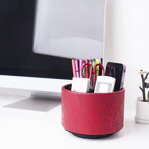 Round Leather Art Supply Organizer,Remote Control Holder,360 Degree Spinning,Multi-Functional Pencil Holder,4 Compartments Desktop Stationary Organizer(1-Carved Red) - Image 7