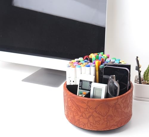 Remote Control Holder, 360°Spinning PU Leather Desk TV Remote Caddy,Desk Storage Box Room Accessories for Controller, Media,Mail,Calculator, Mobile Phone,Pencil(1-Carved Brown) - Image 7