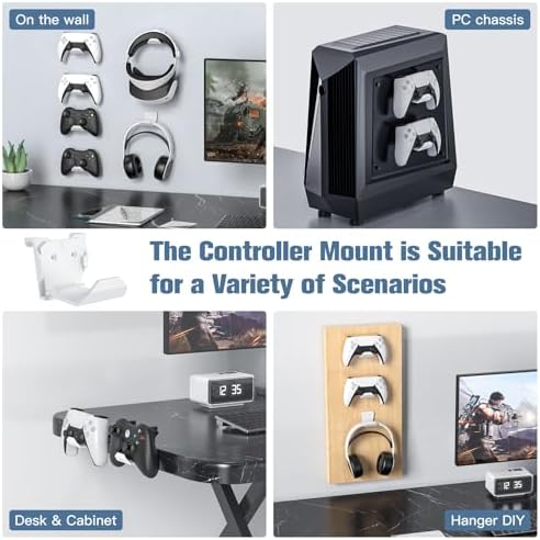 KUNSLUCK 4 Pack Controller Wall Mount for PS5, Xbox, Switch Controller, Wall Mount Stand for Controller&Headset, Adhesive/Screws Installation (White) - Image 6