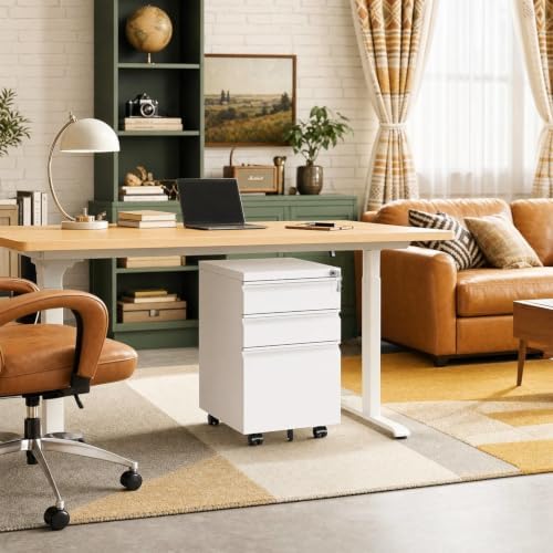 White 3 Drawer Metal File Cabinet with Lock and Casters - Image 7
