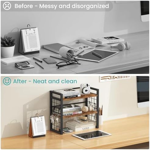 Desktop Shelf Organizer, 2 Tier Wood Desk Bookshelf, Rustic Brown - Image 6