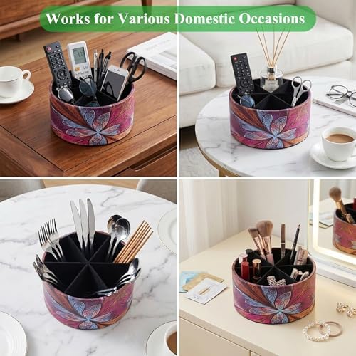 Remote Control Holder, 360°Spinning PU Leather Desk TV Remote Caddy,Desk Storage Box Room Accessories for Controller, Media,Mail,Calculator, Mobile Phone,Pencil(1B-Purple Flower) - Image 7