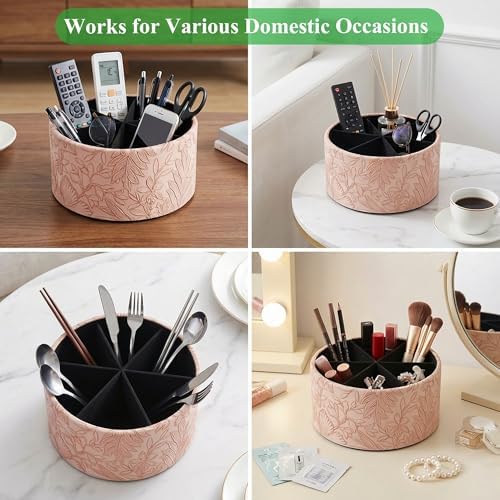 Remote Control Holder, 360°Spinning PU Leather Desk TV Remote Caddy,Desk Storage Box Room Accessories for Controller, Media,Mail,Calculator, Mobile Phone,Pencil(1-Carved Pink) - Image 7