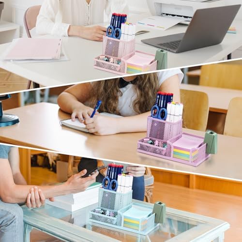 M&G Mesh Pen Holder Desk Organizers Pencil Holder for Desk Pink, 3 Compartments Metal Office Supply Organizer with Sticky Notes Holder for Home Office - Image 6