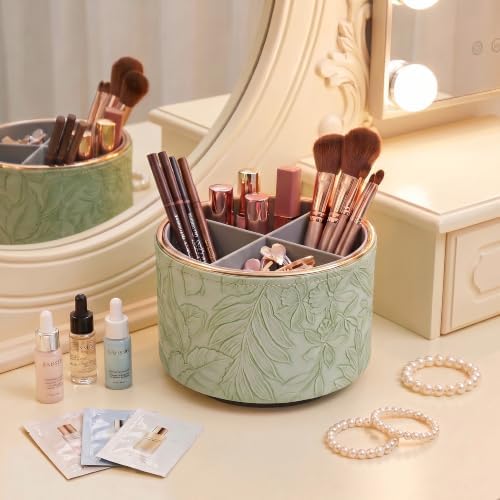 Round Leather Art Supply Organizer,Remote Control Holder,360 Degree Spinning,Multi-Functional Pencil Holder,4 Compartments Desktop Stationary Organizer(1-Golden Green2) - Image 7