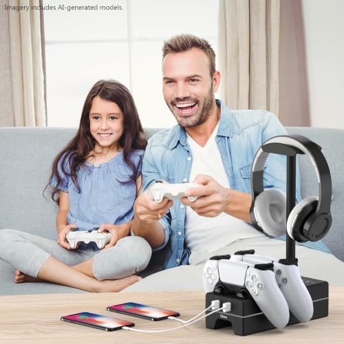 PS5 Controller Charger with USB Charging Port and AC Outlet, RGB DualSense Charging Station Dock for Playstation 5 Controllers with Headphone Stand, PS5 Accessories - Image 7