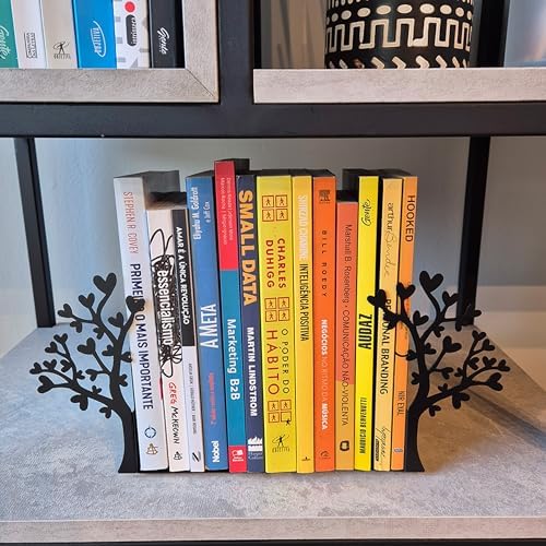 Tree Bookends with Heart-Shaped Leaves - Steel with Epoxy Coating and Wood Base - Decorative Pair of Book Holders for Shelves and Desk - Black – Geguton - Image 7