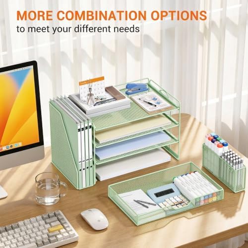 4-Tier Desk File Organizer with Drawer & Pen Holder (Green) - Image 7