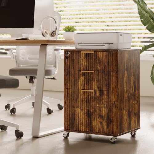 3 Drawers Fluted Mobile File Cabinet with Lock, Rolling File Cabinet Printer Stand Table, Under Desk Wooden Filing Cabinets for Home Office Essentials Storage Organization Furniture Letters/A4(Retro) - Image 7