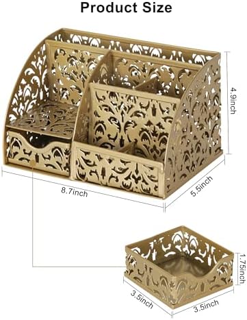 EasyPAG Desk Organizer and Pen Holder for Desk, Mesh Office Supplies Storage Caddy with Drawer for Small Space, Desktop Organizer for Home Office, Gold - Image 7