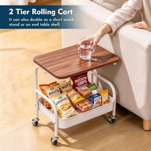 2 Tier Short Rolling Pantry Cart on Wheels Under Desk Storage Metal Utility Cart with Table Top for Kitchen, Small Printer Stand White Snack Shelf Craft Rack Large Capacity Bedside Organizer - Image 6